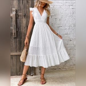 * New Boho Sheer Gingham Split Wrap Midi Dress White